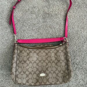 Coach Signature Brown Crossbody Bag with Pink Strap